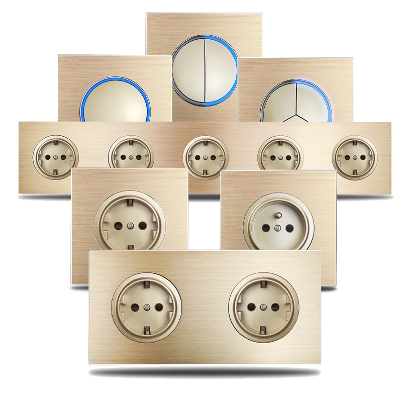 Wallpad gouden wandlichtschakelaar met ronde LED-nachtlampknop 1 2 3 4-voudig geborsteld aluminium metalen paneel, dimmer - afbeelding 2