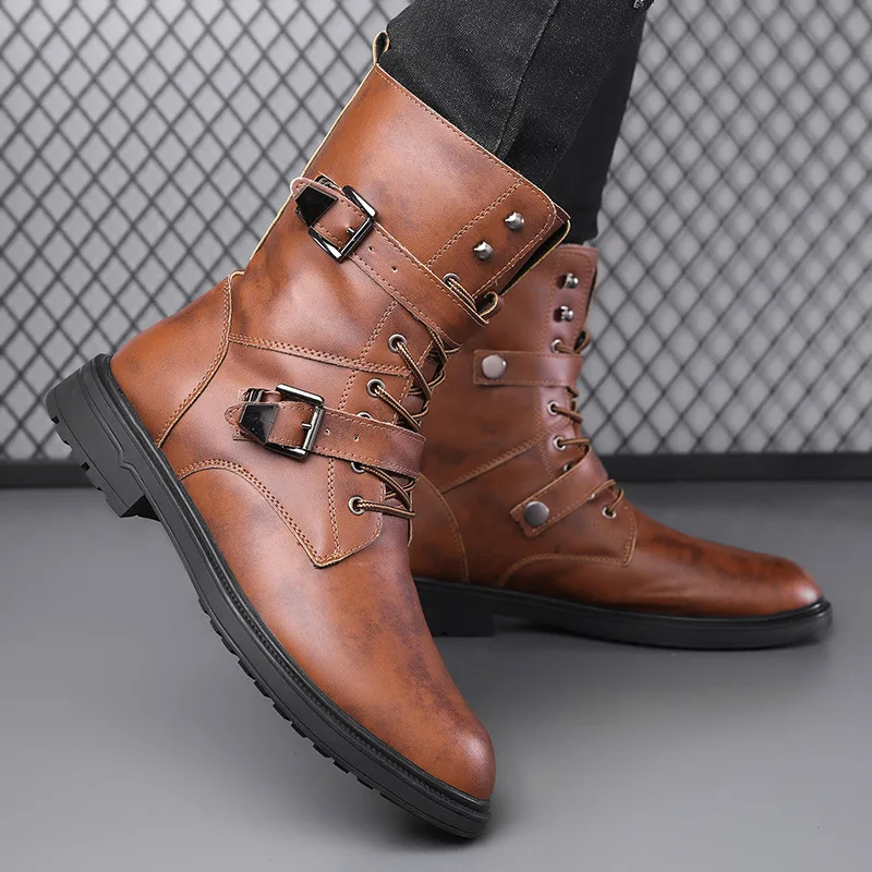 Genuine Leather Men Boots Gothic Punk Cowboy Dance Men Boots for Square Heels Mid Calf Warm Soft Leather Motorcycle Men Boots