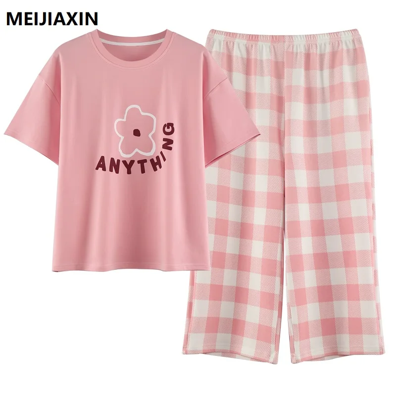 

Summer Floral Women Sleepwear Knitted Cotton Ladies Pajamas Short Tops+Plaid Pants Two Pieces Set Female Pyjamas Home Wear