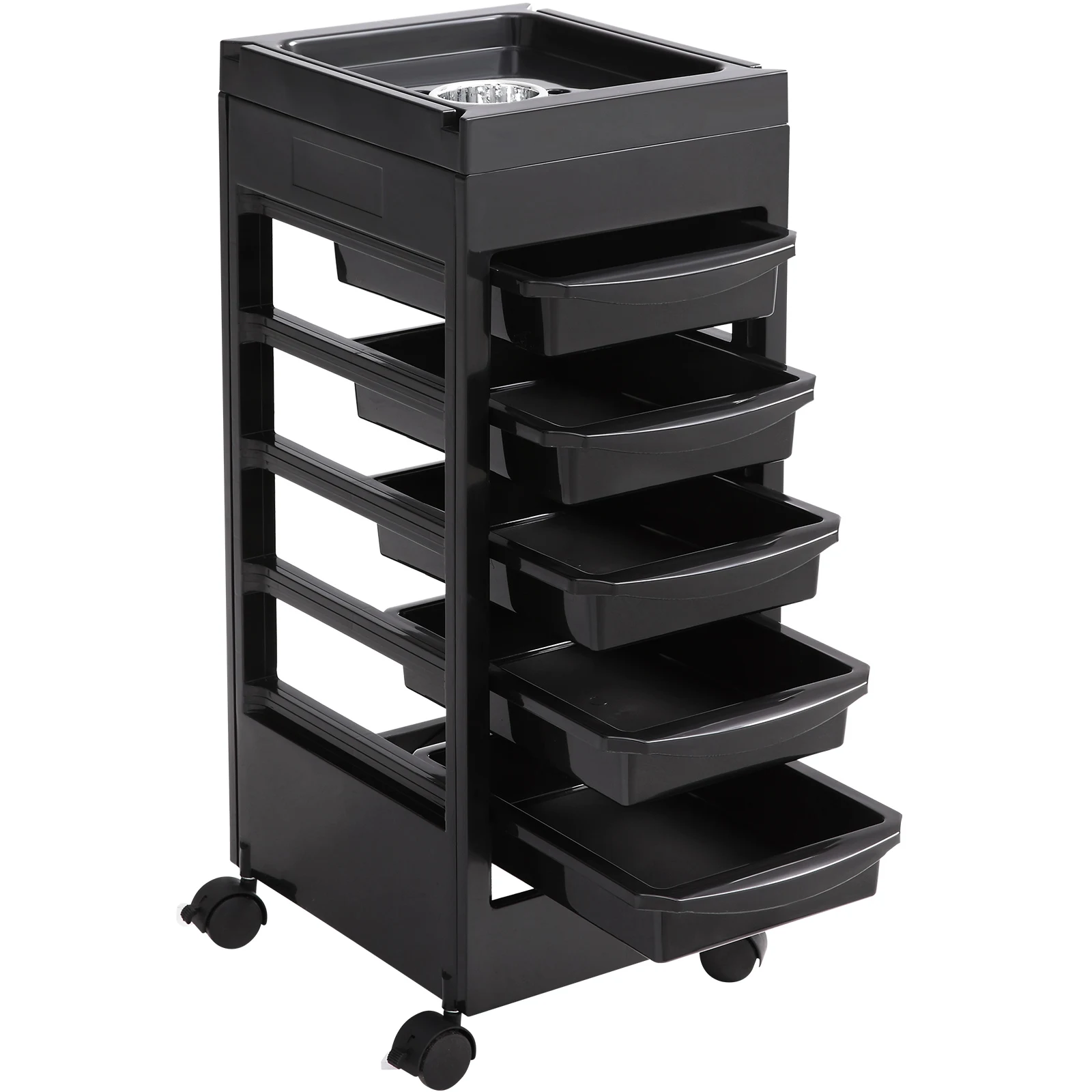 

SucceBuy Beauty Salon Trolley Cart Plastic Salon Rolling Cart for Stylist with 5 Removable Drawers & Dryer Holder for Barbershop
