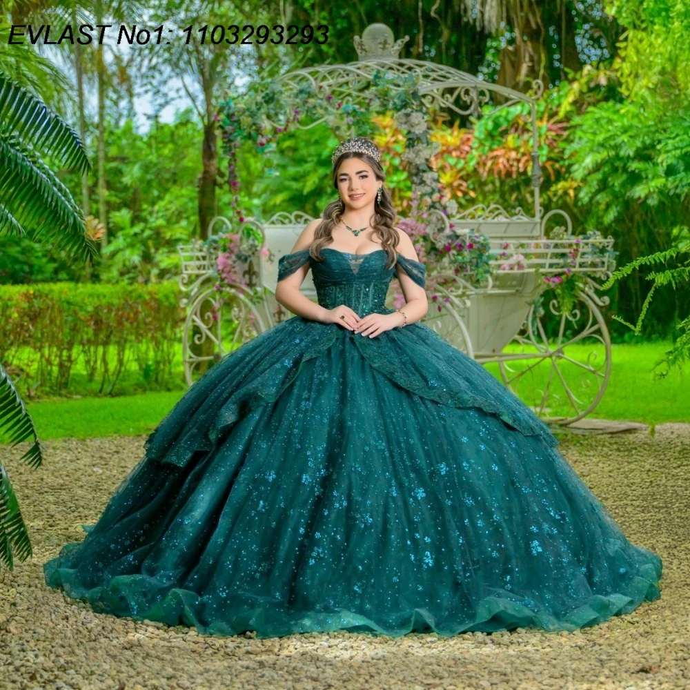 

EVLAST Customized Mexican Emerald Green Ball Gown Quinceanera Dress Shiny Applique Beading Sweet 16 Vestidos De 15 Anos E1QN197