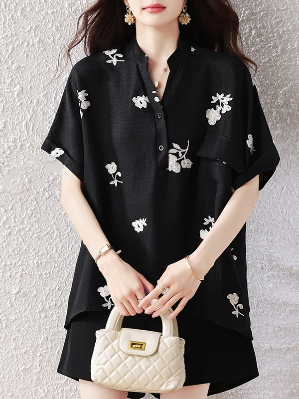 

Slimming Effectiveness Large Size Women's Fashionable Embroidered Loose Shirt Korean Style Breathable Casual Top