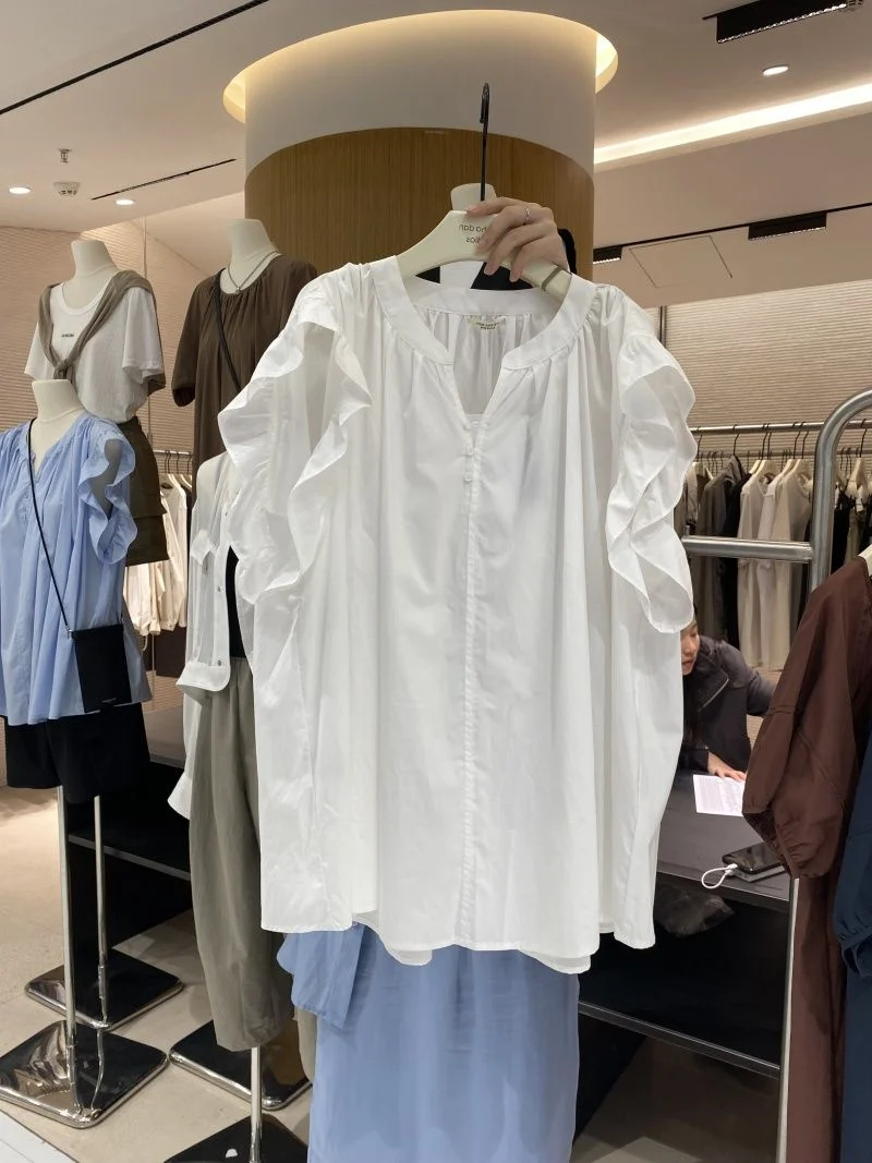 

plus Size 300 Pou White V-ne Ruffle Sve ort Sve irt Women's Korean Sle Loose Gentle Summer Blouse