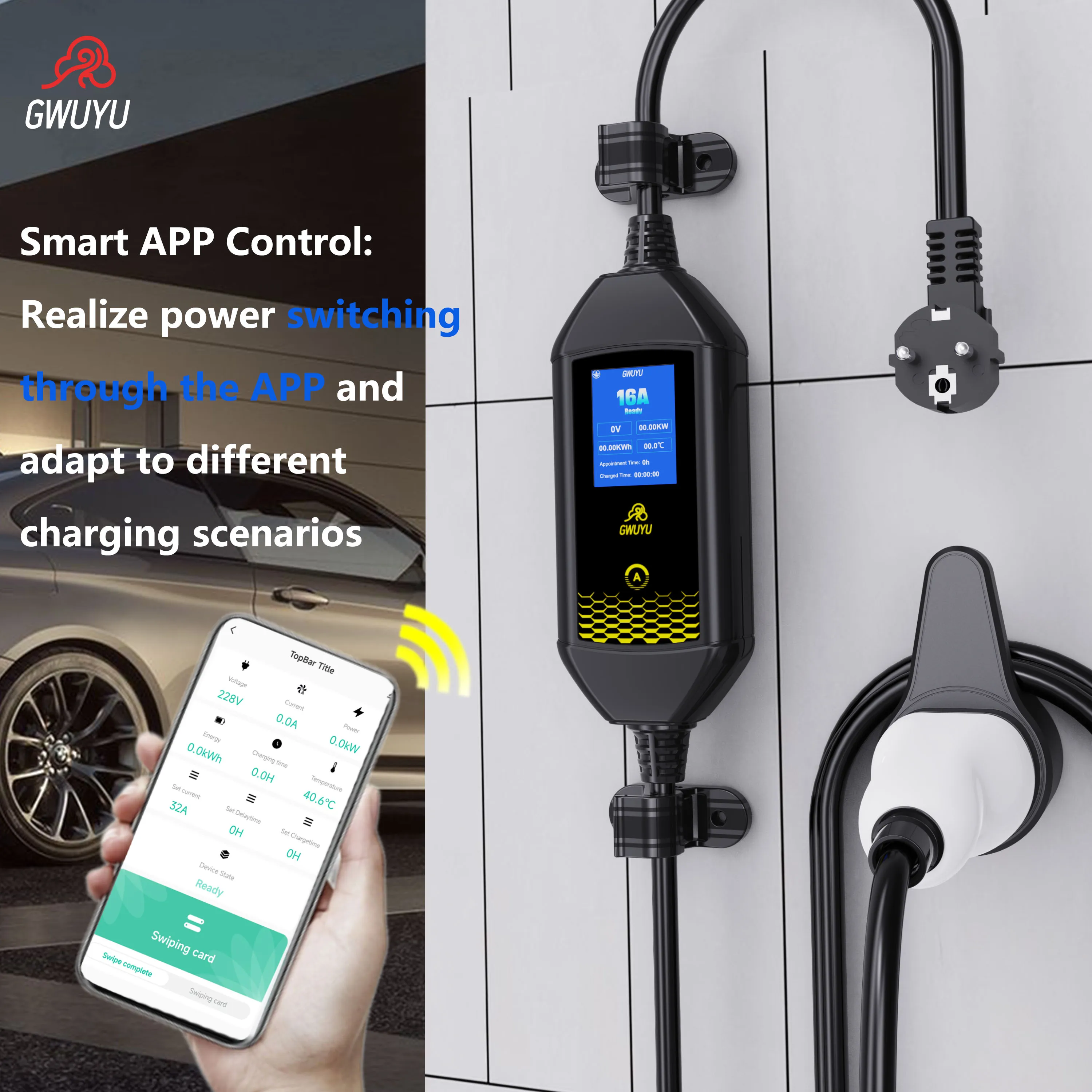GWUYU 32A 7.6KW Portable EV Charger Wallbox Type2 Cable  EVSE Charging Box Wi-Fi Bluetooth APP Control For Electric Vehicle