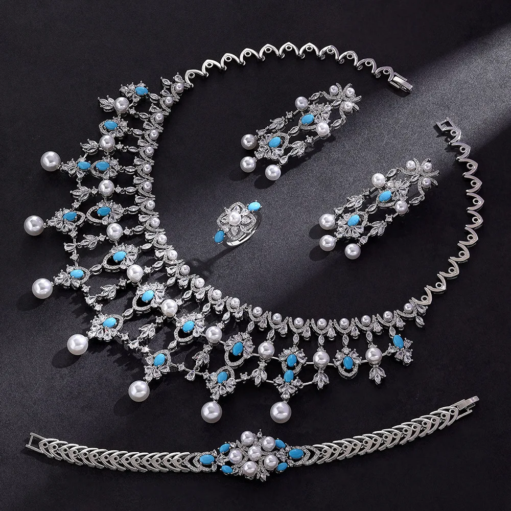 Elegant Statement Pearl Turquoise Crystal Jewelry Set Rhinestone Necklace Earrings Bracelet Ring Bride Wedding Christmas Gift