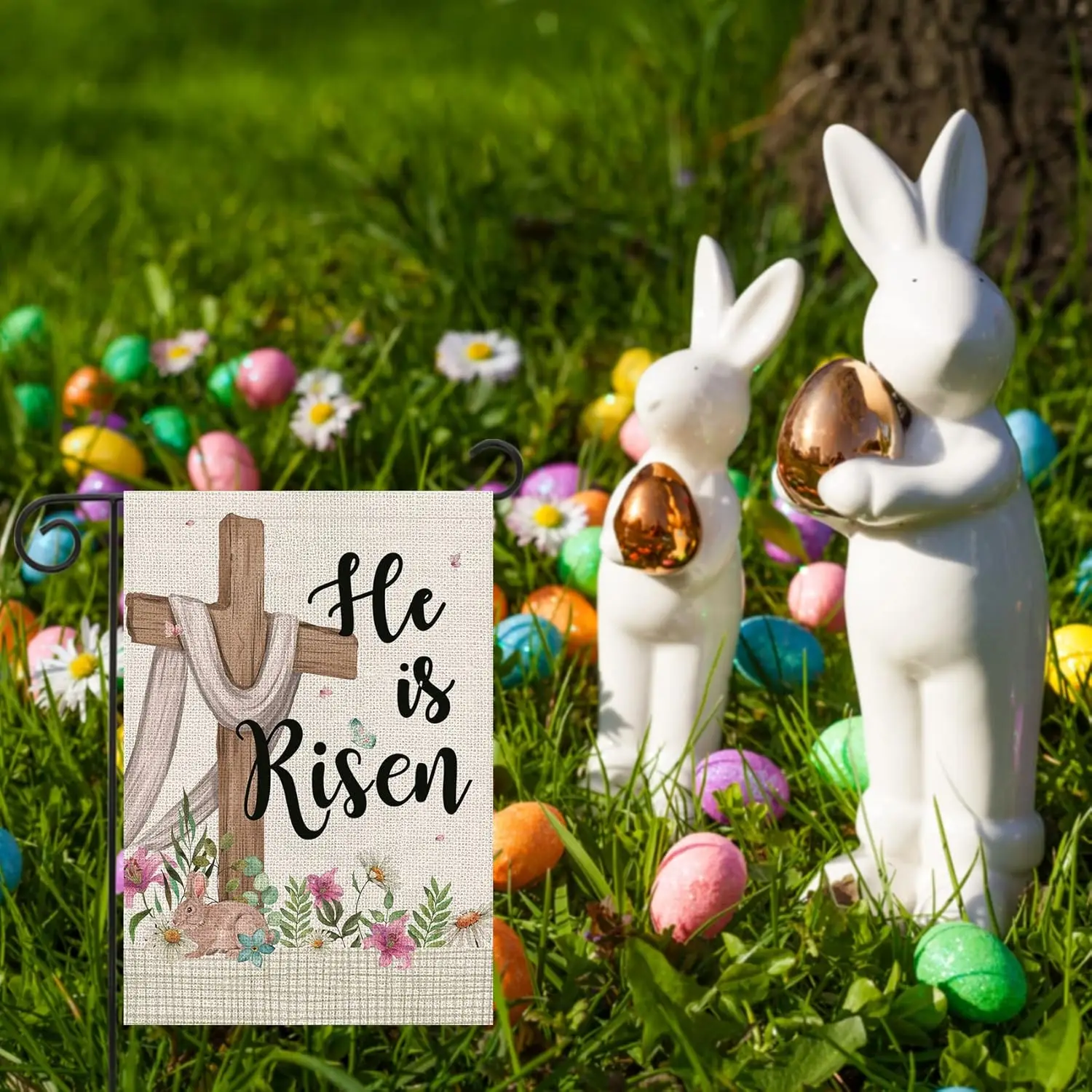 Texupday He is Risen Religious Cross Floral Decoration Easter Spring Double Sided Vertical Burlap Garden Flag Rustic Farmhou WZZ