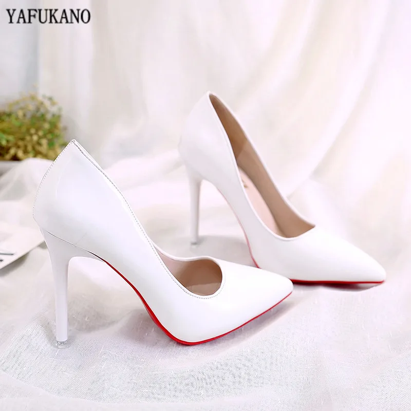 Fashion Red Sole Pumps Stiletto Sexy Pointed Toe Patent Leather Female Work Shoe White Wedding Party High Heels Sexy Woman Shoes