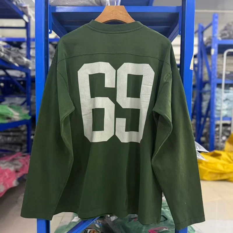 Cotton Green Men Long Sleeve T Shirt  GOD OF WILD Letter Print Oversized Vintage Tee