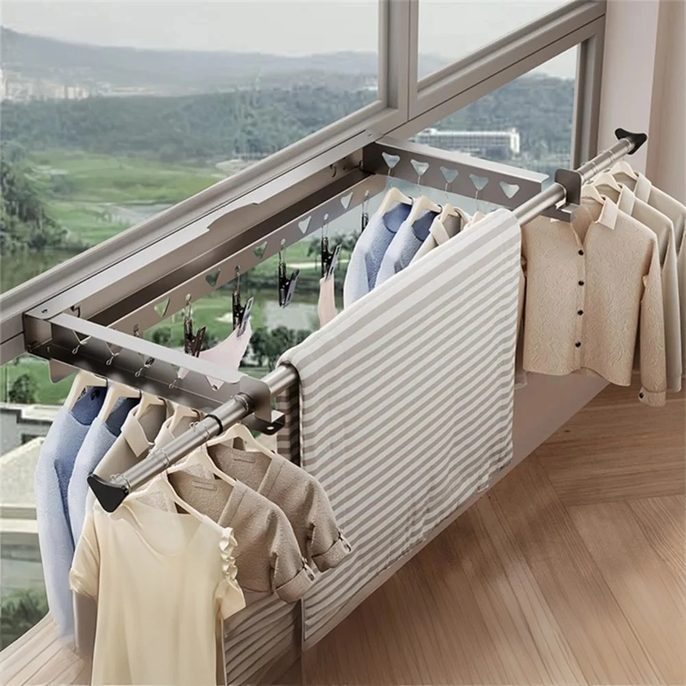 1 Stück einziehbarer Wäscheständer – unsichtbarer faltbarer Kleiderbügel mit 7 Clips für den Innenbereich im Balkon, Wäscherei-Organizer ohne Bohren – Detail 8