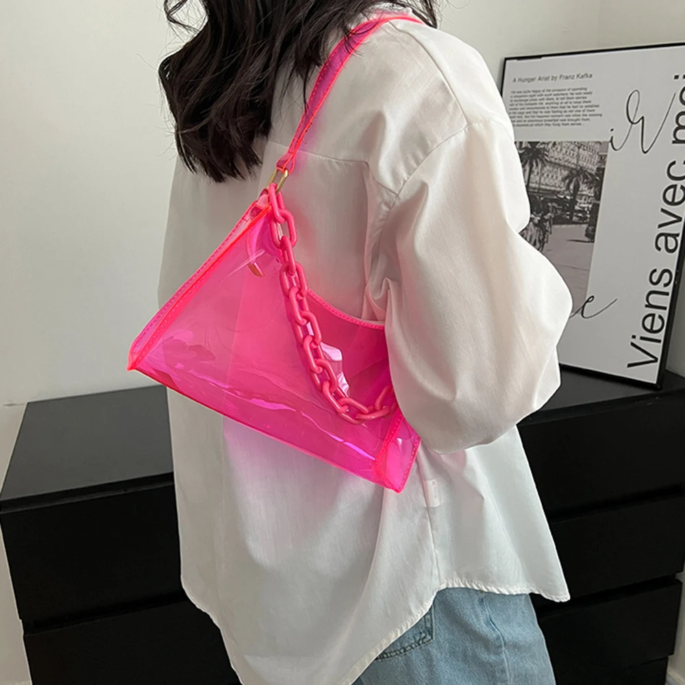 2023 Fashion Women\'s PVC Jelly Shoulder Bag Ladies Solid Color Mini Chain Underarm Bag Transparent Simple Zipper Handbag Clutch