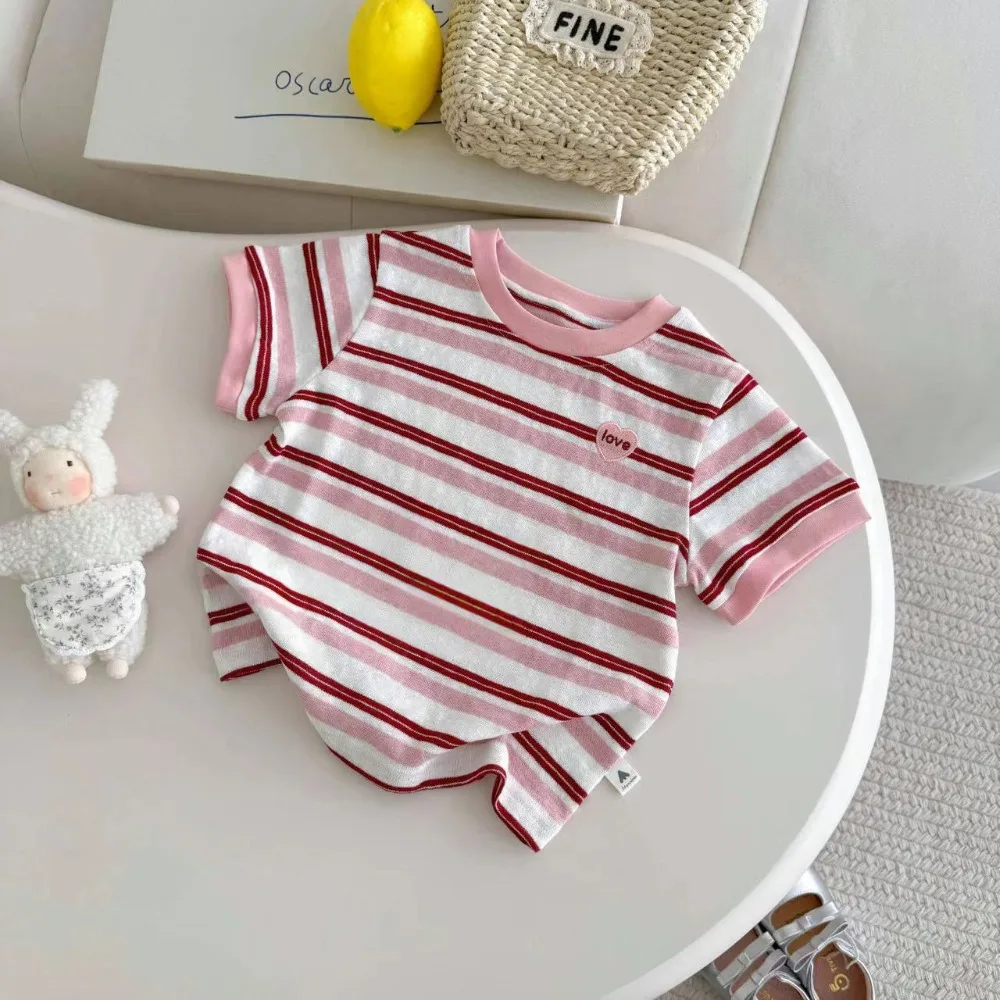 New Striped Print T-shirt Breathable Oversized Crop Tops Korean Style Heart-shaped Embroidery Casual Top Summer