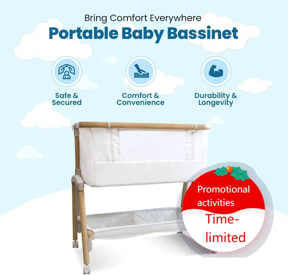 

Baby Bassinet Bedside Sleeper, Portable Crib for Newborns, Adjustable 7-Height Auto-Lock, with Wheels, Soft Mattress & Breathabl