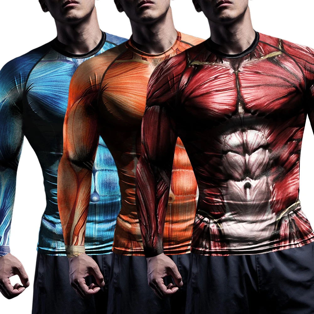 NADANBAO Rash Guards Shirts for Men Fancy Human Muscle 3D Printed Long Sleeve Workout Fitness Shirts Compression Tee Tops