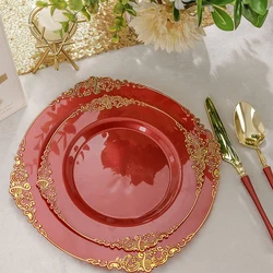 10 Pieces of Red Plastic Tray 7.5in and 10.25in Disposable Tableware Suitable for Independent Days Wedding Plates for 10 Guests