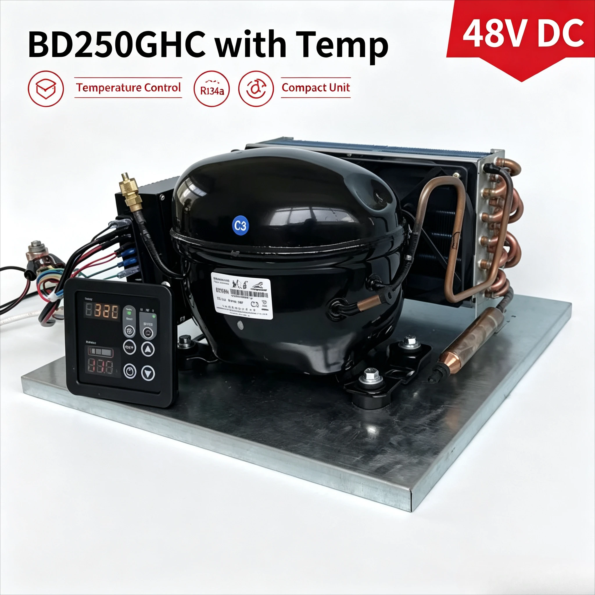 BD250GHC 48V DC Refrigeration Compressor Unit R134a for 150L Fridge, Optional Temperature Controller