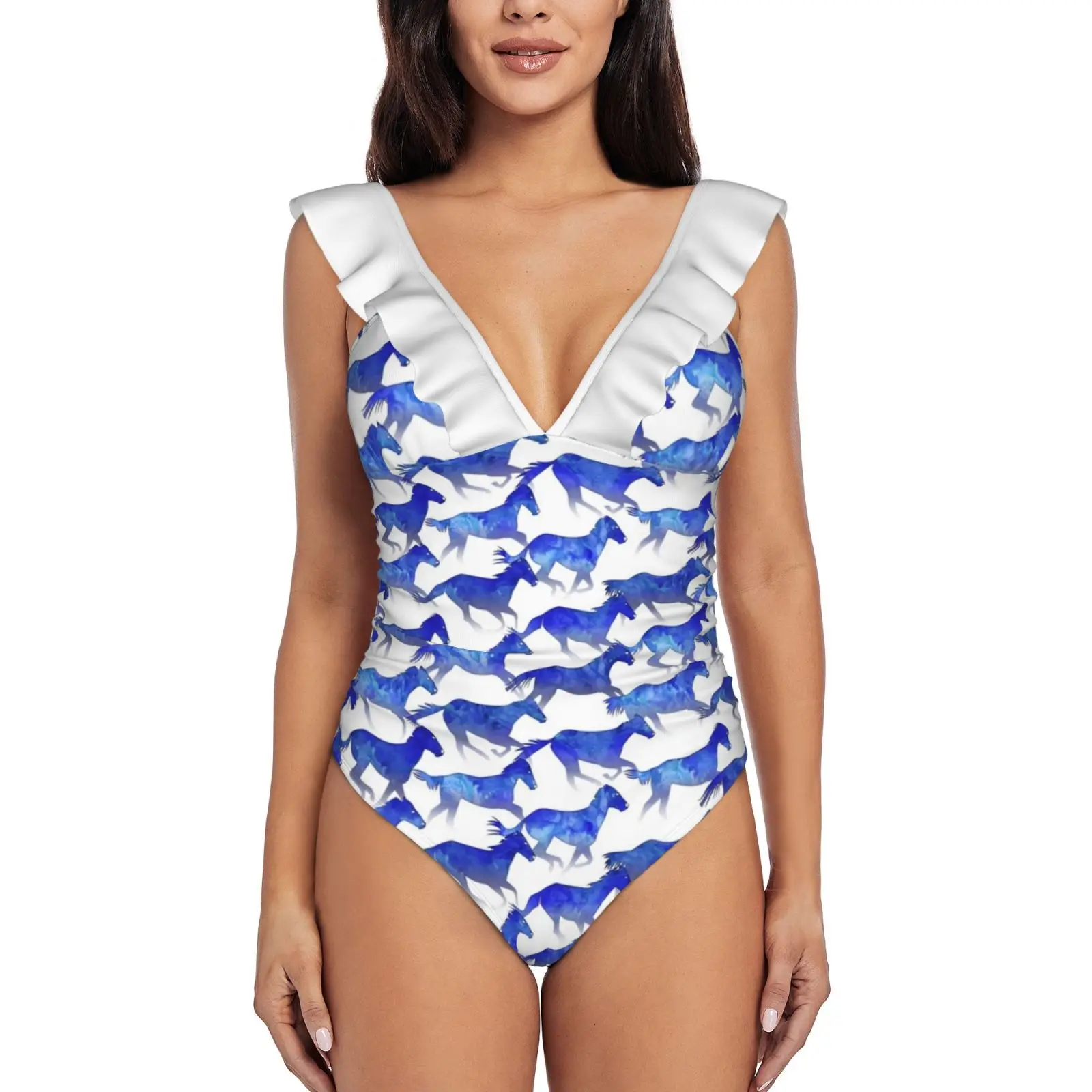 

Watercolor-Running Horses Pattern-Deep Blue Sexy One Piece Swimsuit Women Swimwear Monokini Ruffle Bathing Suit Beach Wear