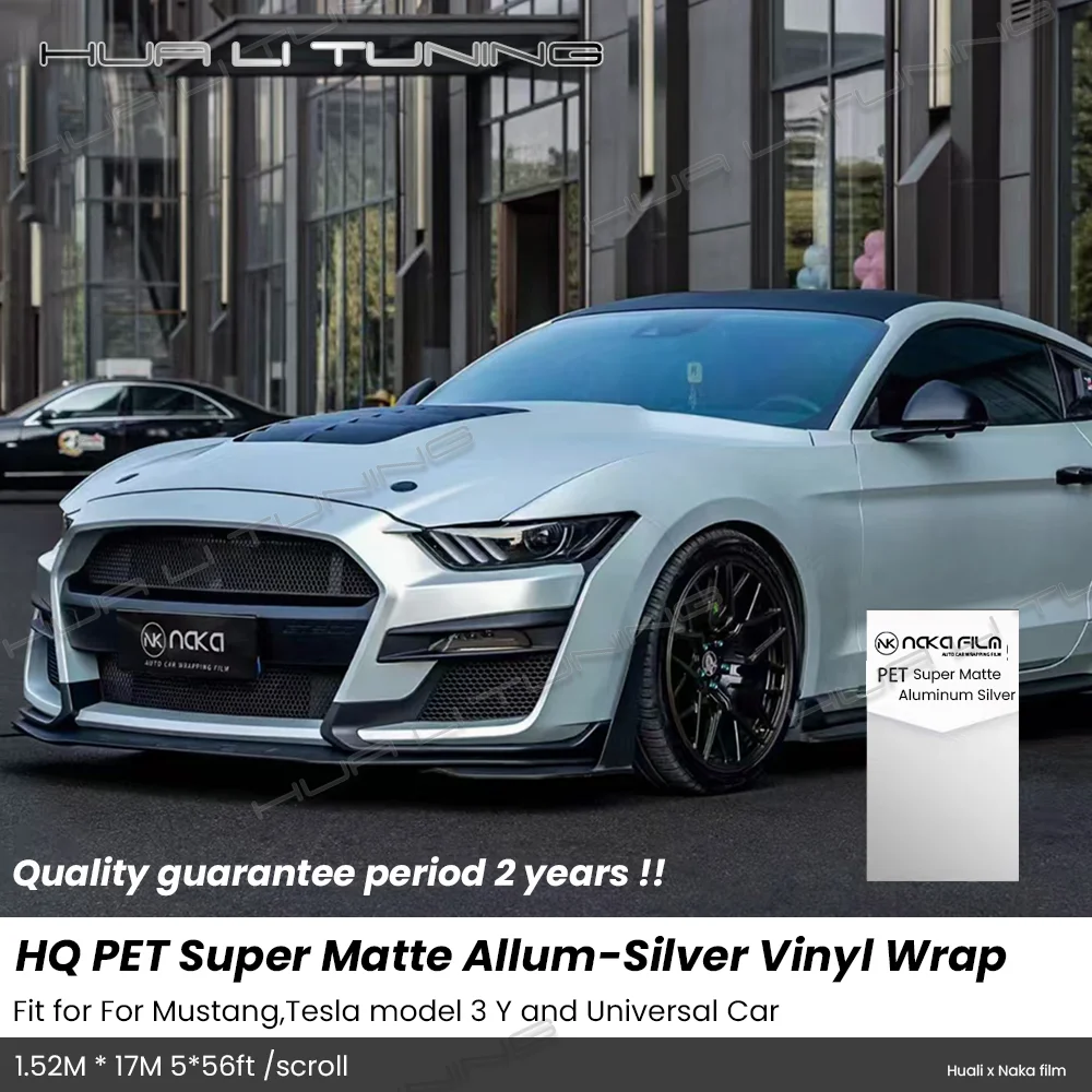 PET Super Matte Allum-Silver Vinyl Wrap For Ford Mustang GT500 etc. LowTack Glue 1.52*17M/Roll 5x56ft Air Bubble Free Auto Film