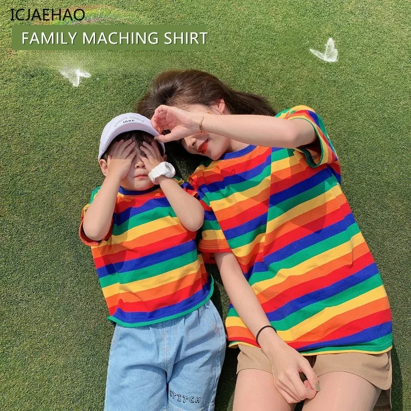 Parent-Child Fashion Tops Daddy Mother And Daughter Matching Rainbow Clothes Summer Son t-Shirt Family t-Shirts Dad Mom Children