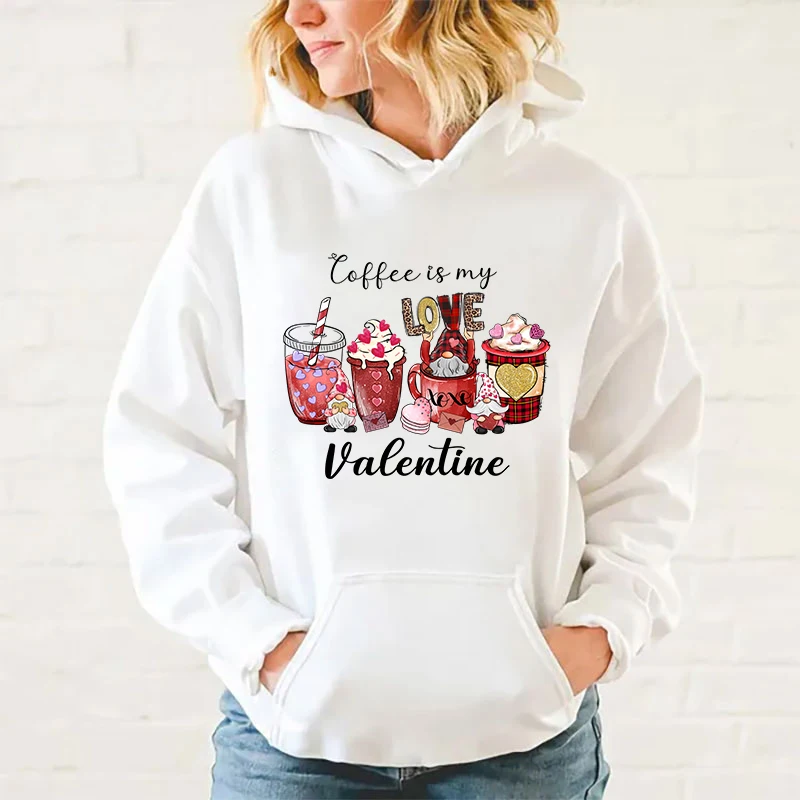 New Valentine'S Day Coffee Is My Love Valentine Printing Hoodies Unisex Fashion Fleece Long Sleeves Pullover Autumn Winter Tops