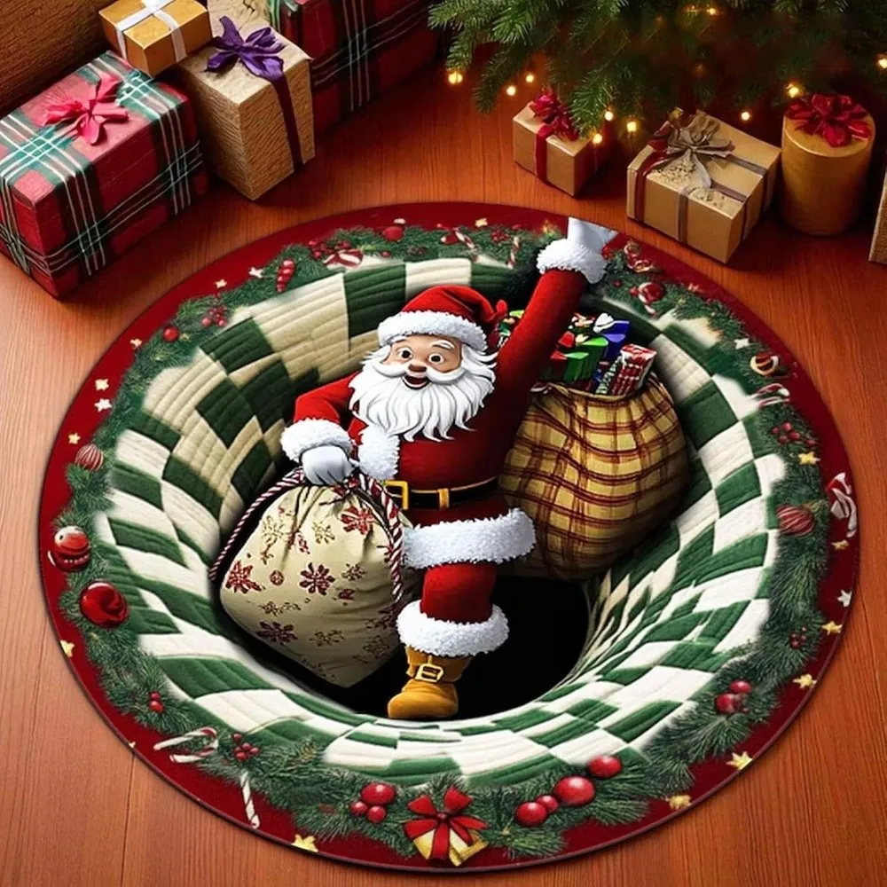 Cartoon Cute 2D Flat Printed Christmas Rug Santa Claus Velvet Christmas Doormat Non-Slip Floor Mat Xmas Home Decor Christmas