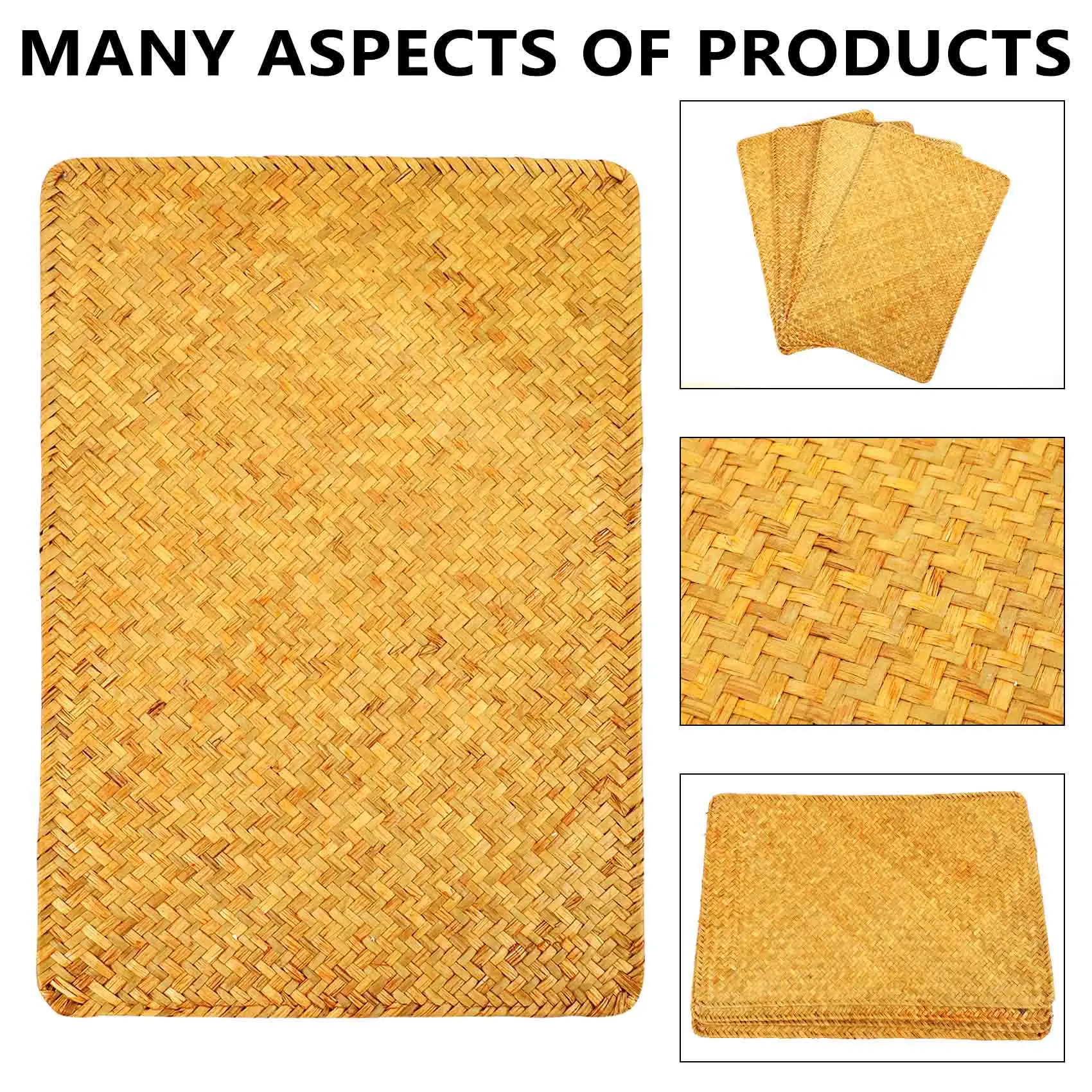 A7THK-Pack Of 4, Natural Seagrass Place Mathand-Woven Rectangular Rattan Placemats Straw Tea Cup Mat Potholder