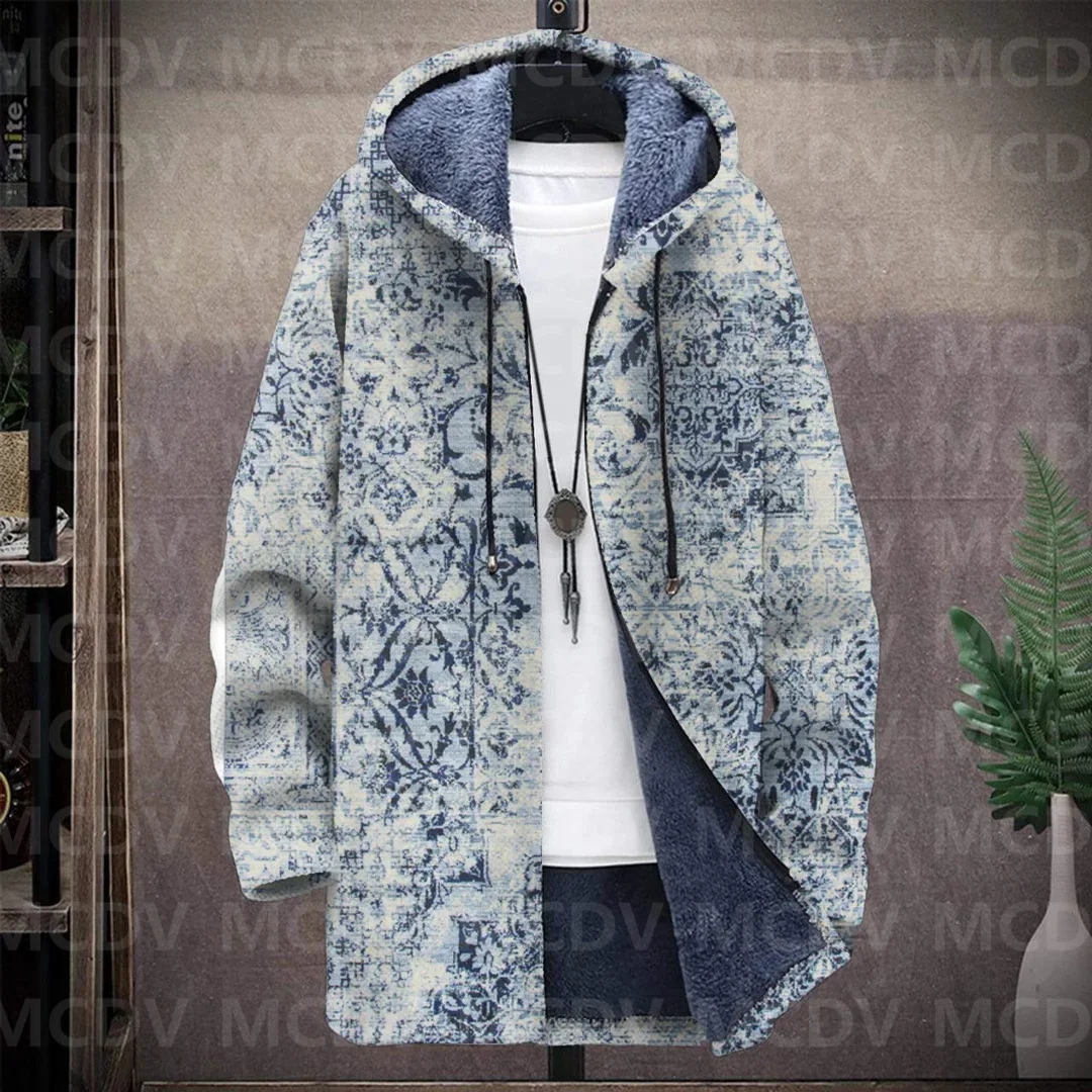 Men's Retro Print Plush Thick Long-Sleeved Coat Fleece Hooded Overcoat Unisex Thick Warm Jacket-1