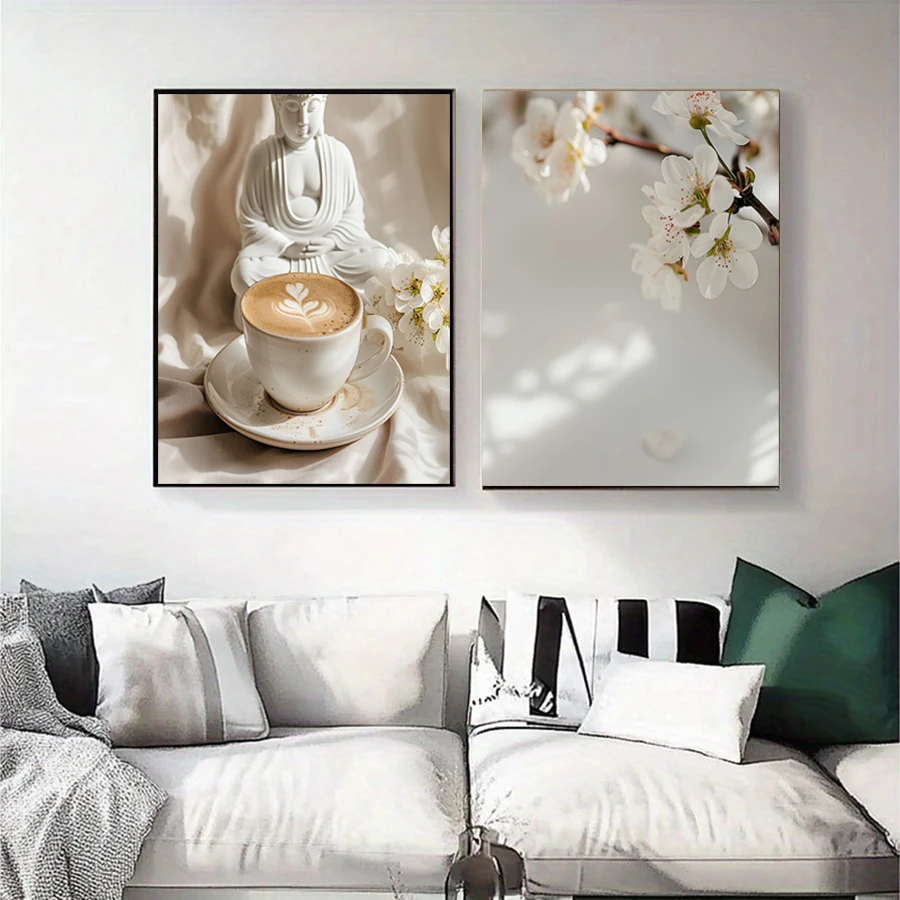 2PC Serene Buddha Statue With Latte Coffee And Spring Flowers Zen Concept Posters, Print Painting, Wall arts Decor, Modern Art,