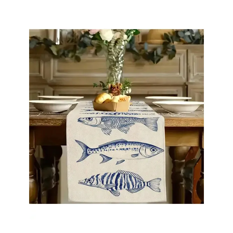 VIKAMA Blue Sketch Various Fish Table Runner, Linen Texture Washable Table Scarf Nautical Coastal Dining Table Deco