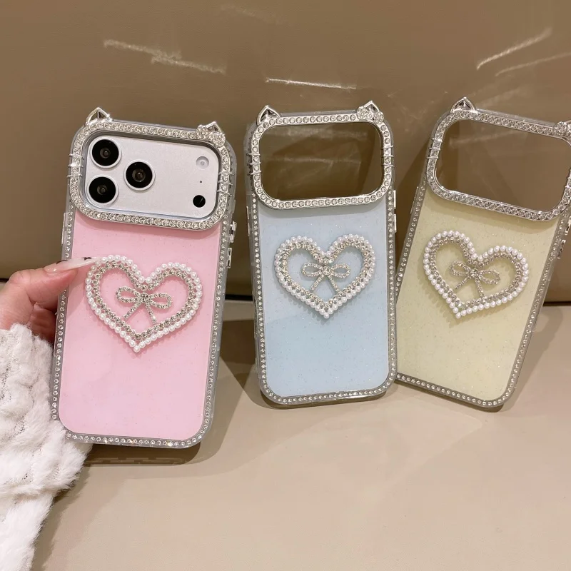 

Luxury Glitter Woman Pretty 3D Pearl Heart for iPhone 17 Pro 15 16 14 Pro Max Diamond Cat Ear Phone Case