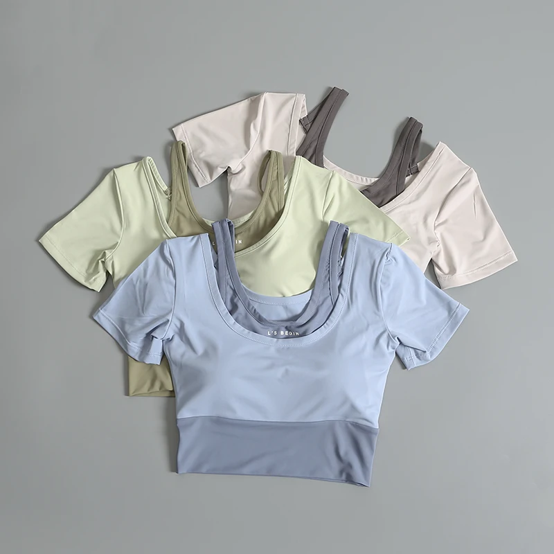 

Fitness yoga suit for women with chest pad shockproof morning jogging set short-sleeved quick-drying top T-shirt new summer