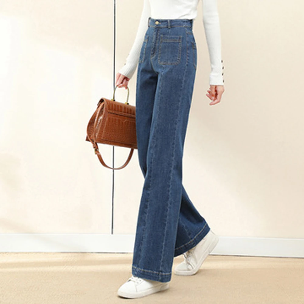 Imagem -03 - Jeans Jeans de Veludo de Perna Larga Feminino Estiramento Grosso Quente Bolsos Grandes Cintura Alta Jeans de lã Inverno Moda Primavera Outono