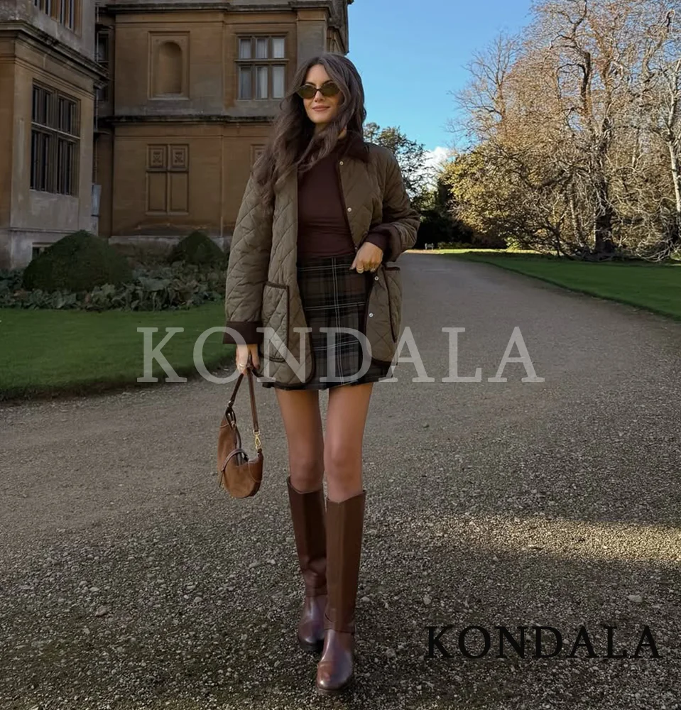 KONDALA Herfst Winter Ruit Losse Jas Dames Revers Zakken Knoppen Padding Jas 2025, Mode Elegante Casual Dames Jas Jas
