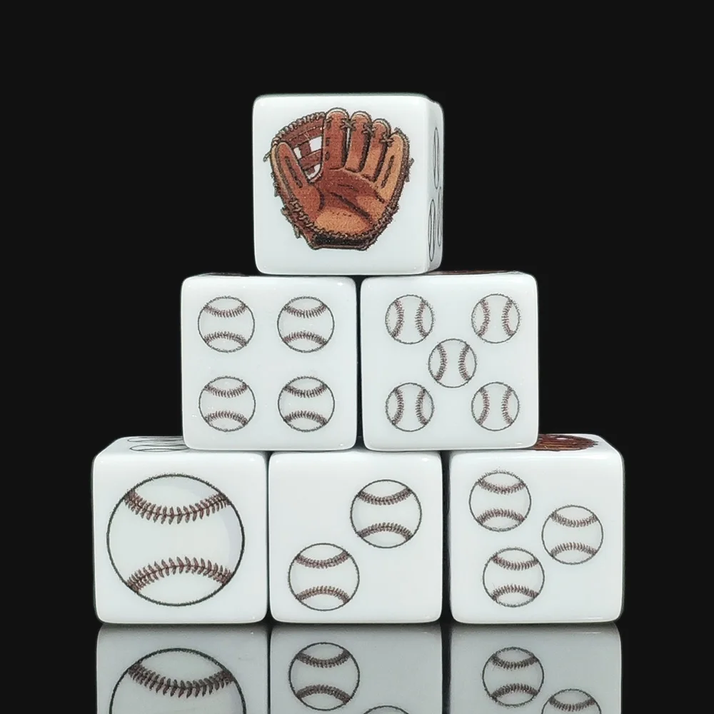 12 Stück Weiße Acryl-Baseball D6 Würfel, Baseball- & Handschuh-Muster 6-Seitige Würfel, DND RPG MTG Brettspiel-Spielzeug für Sportfans