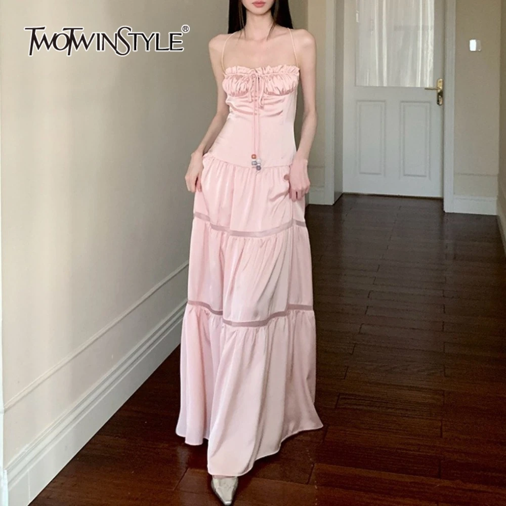 TWOTWINSTYLE Solid Slimming Spliced Shirring ชุดผู้หญิงที่ไม่มีสายหนัง SHEER Patchwork Lace Up Dress หญิงใหม่