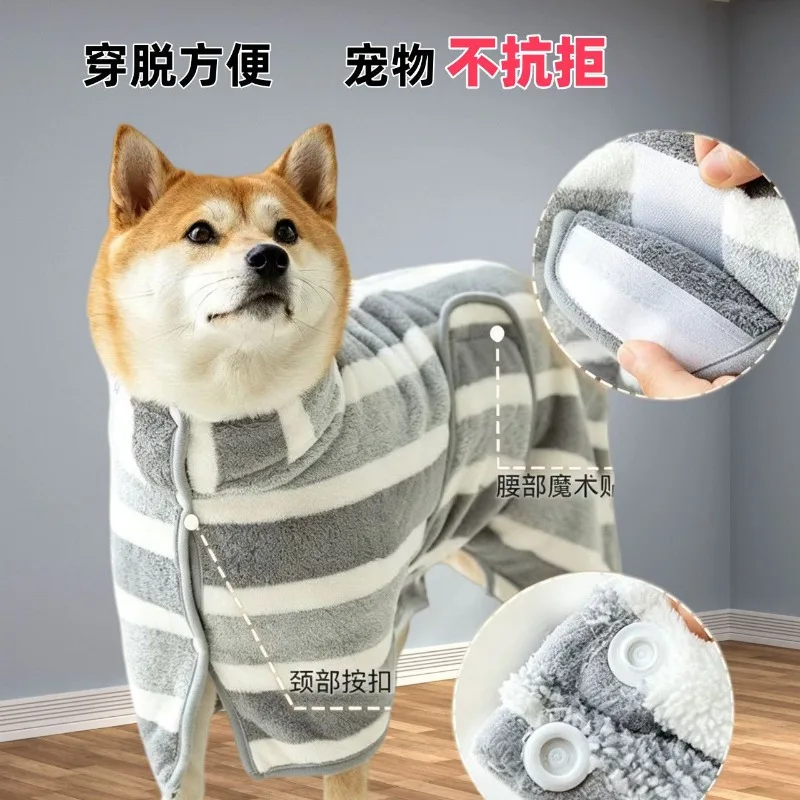 Pet Dog Striped Bath Robe Super Absorbent Quick Dry Soft Fleece Drying Coat, Adjustable Magic Tape Dog Bathrobe for Dogs Cats