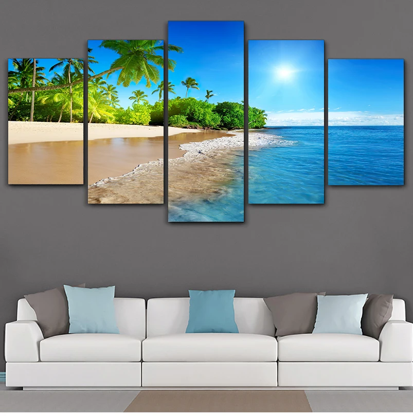 Wall Art Decor Living Room Framework 5 Pieces Sea Water Palm Trees Sunshine Seascape Modular Paintings Canvas Pictures HD Prints