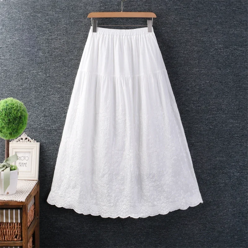 

Mori Girl Sweet Embroidered Skirt for Women, Monochromatic, Elastic Waist, Casual A-line Skirts, White, Black, Spring, Summer