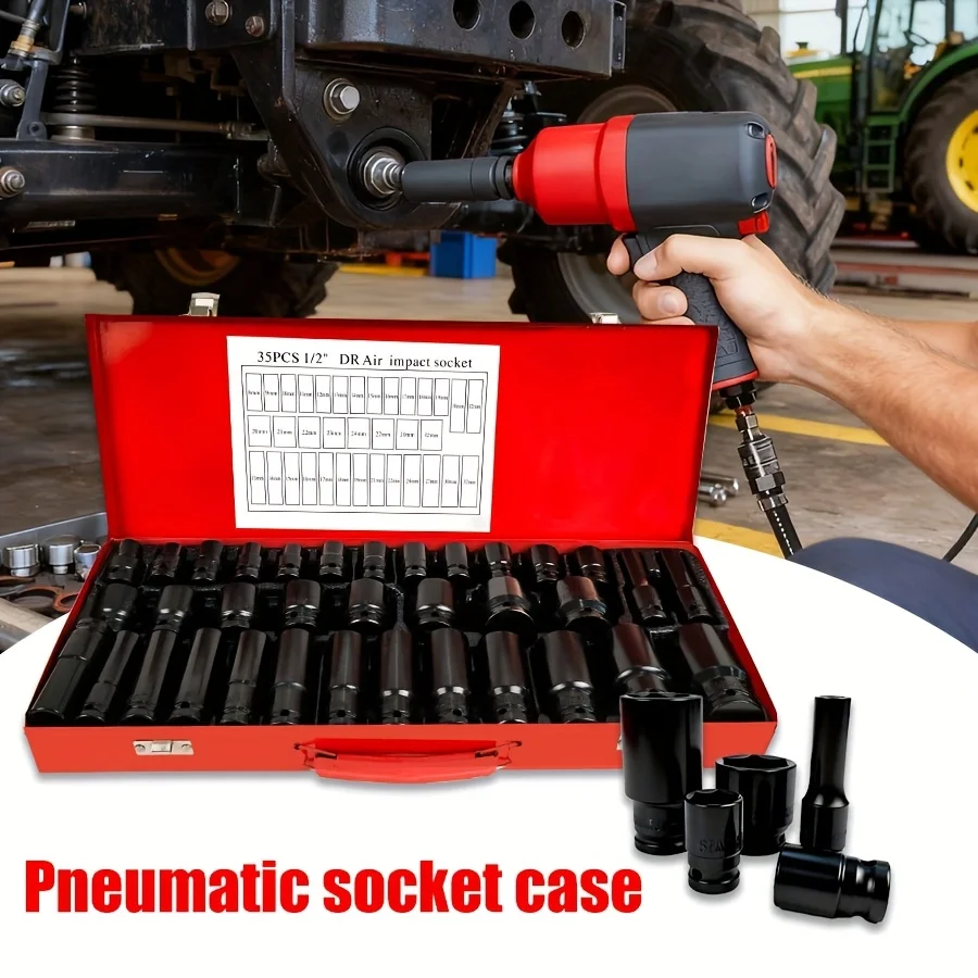

35pcs 1/2" Drive Deep Impact Socket Tool Set 6 Point Sockets, Heavy Duty Impact Socket Set With Portable Case, For Home, Garage, Garden, Workshop, Car Auto Truck Repair Hand Tools, 10-32MM, Spindle Axle Nut