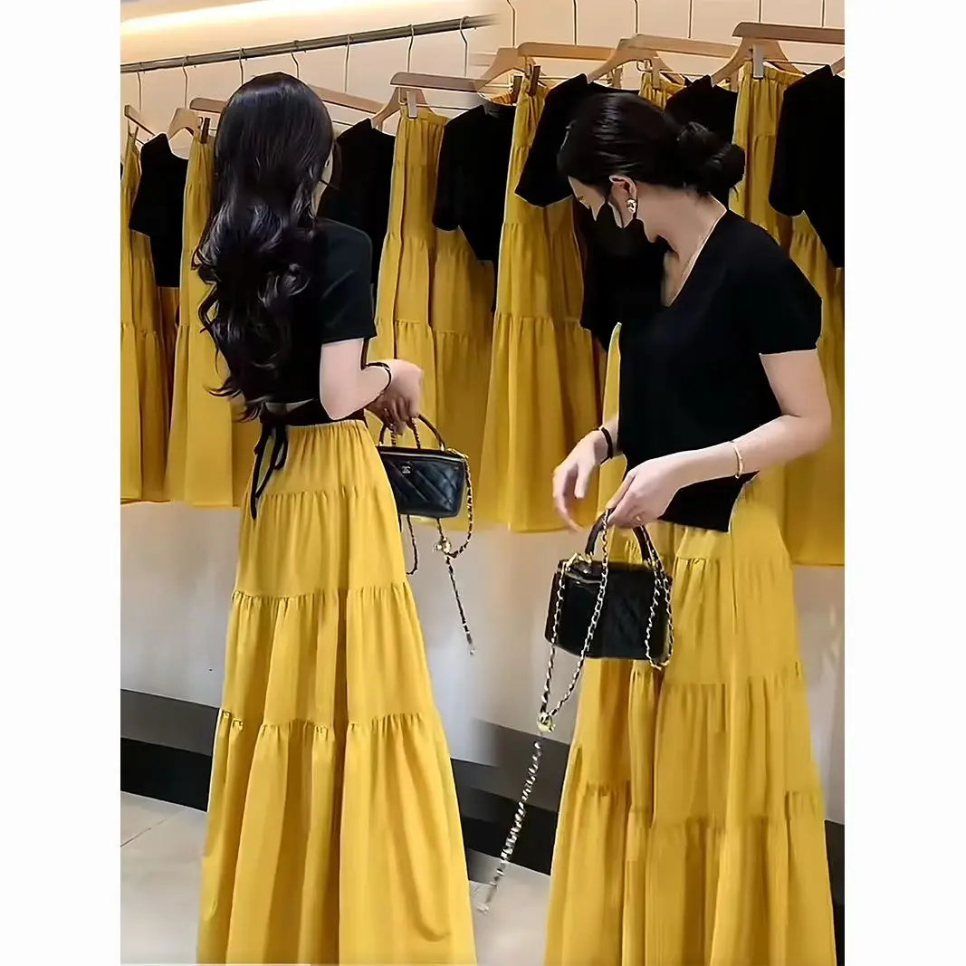 

Новый корейский модный комплект из двух предметов для женщин, летний дизайн, тонкая футболка с короткими рукавами и шнуровкой + тонкий костюм с длинной юбкой трапециевидной формы