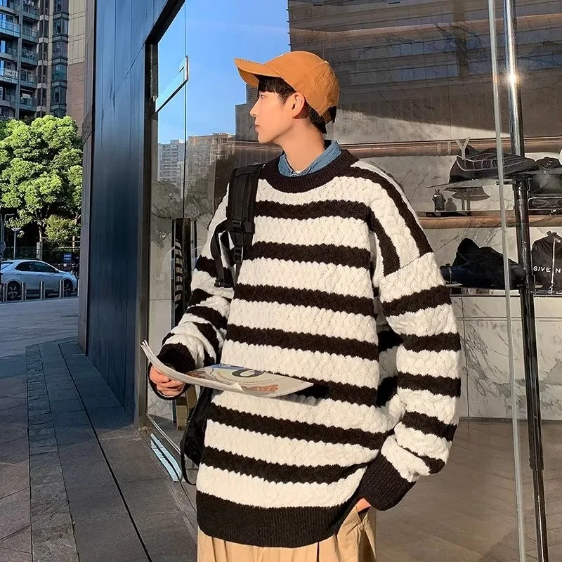 

Men's Oversized Knitted Sweater Thiened Fce Long Sve Stripe Design Autumn Winter Casual Vintage Trendy Brand Ins Sle