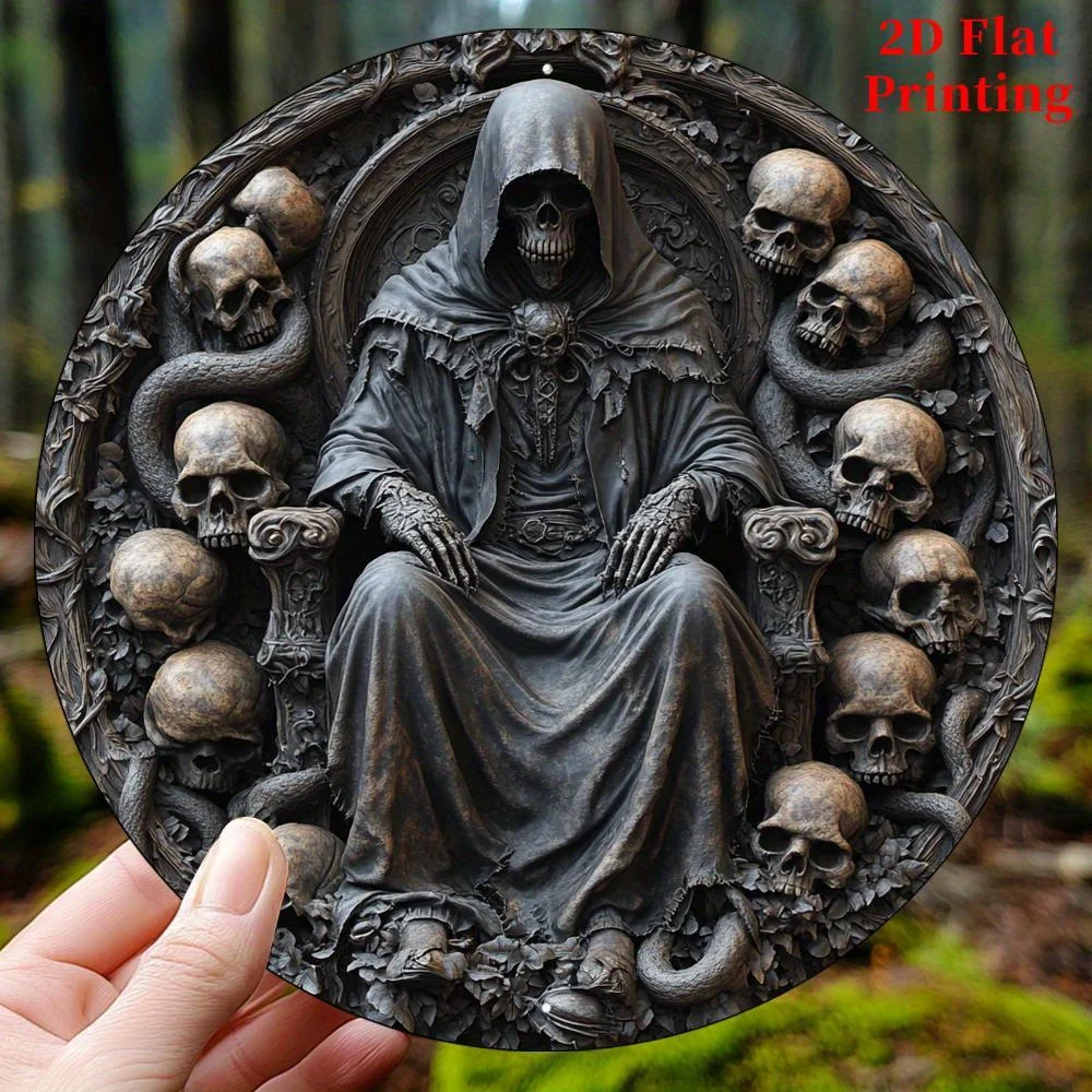 2D Flat, 2D Flat - Grim Reaper Aluminum Wall Art - 8x8 Inch Vintage Round Sign with Skull and Roses, Ideal for Kitchen, Home Off