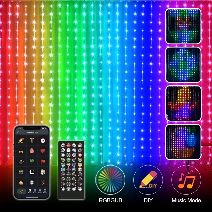 400 LED Smart App Dynamic Curtain Lights DIY Pattern and Text Halloween Window Curtain String Light RGB Curtain Fairy Light