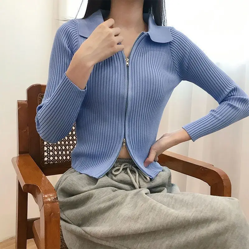 Women\'s polo Collar Knitted Cardigan 2024 Early Autumn New Slim Fit Slimming and Short Double-Headed Long-Sleeve Zipper Top