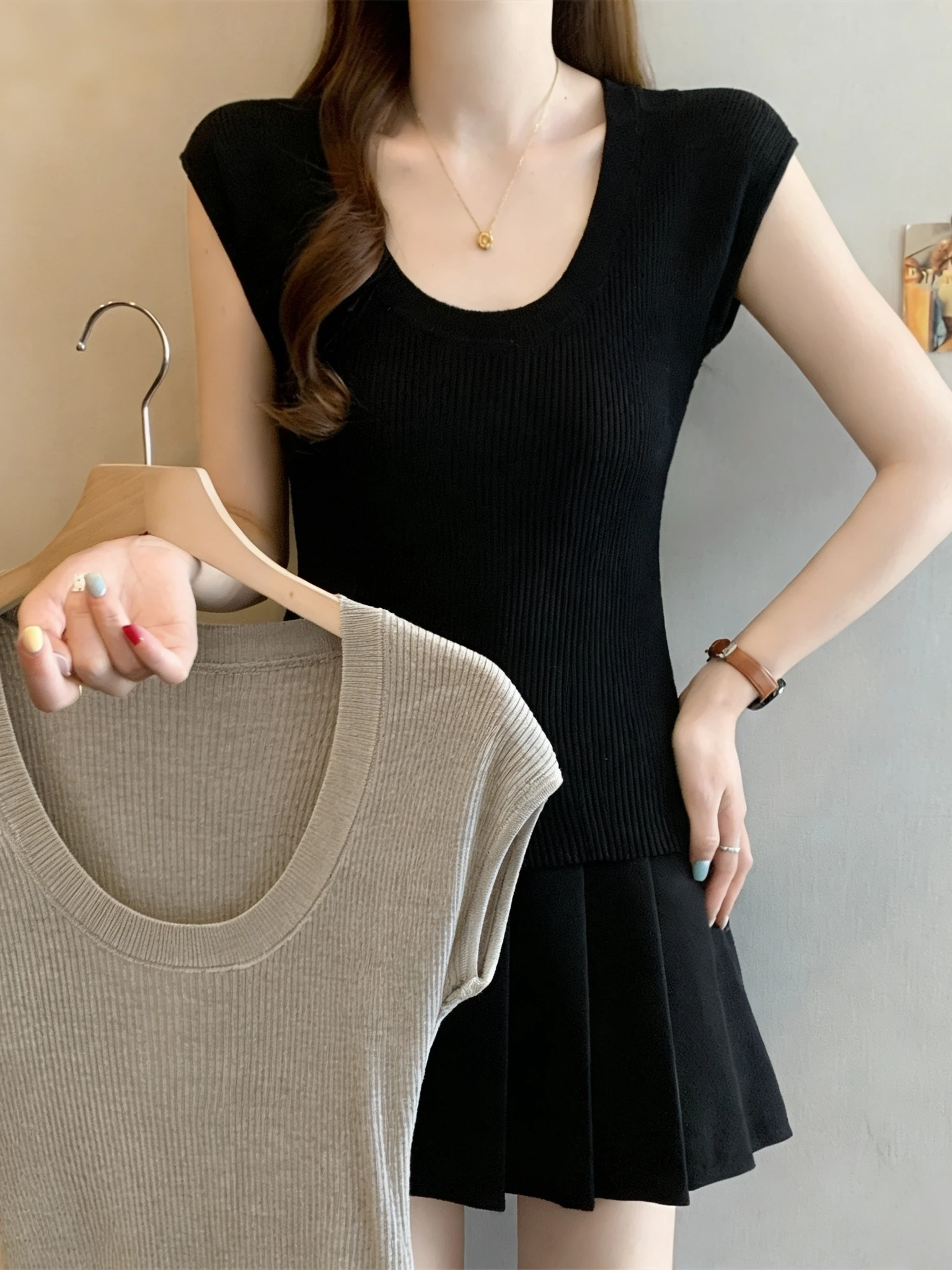 

Slimming Effectiveness plus Size Knitted Top Short Sleeve U-Neck Summer Fashionable Sleeveless T-Shirt Women's Inner Wear