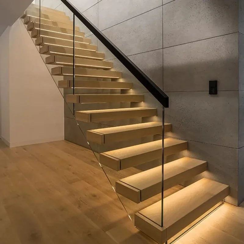 custom.Beautiful Floating Stairs with LED Timber Step From High Quality Foshan Staircase Factory