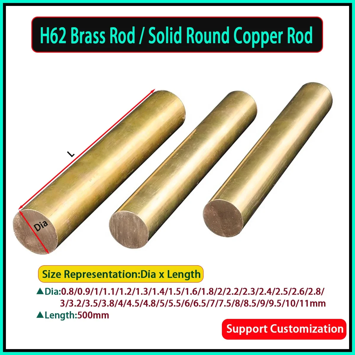 

H62 Brass Rod / Thin Copper Rod / Solid Round Copper Rod, Diameter 1 1.2 1.5 1.8 2 2.5 3 3.2-11mm Length 500mm