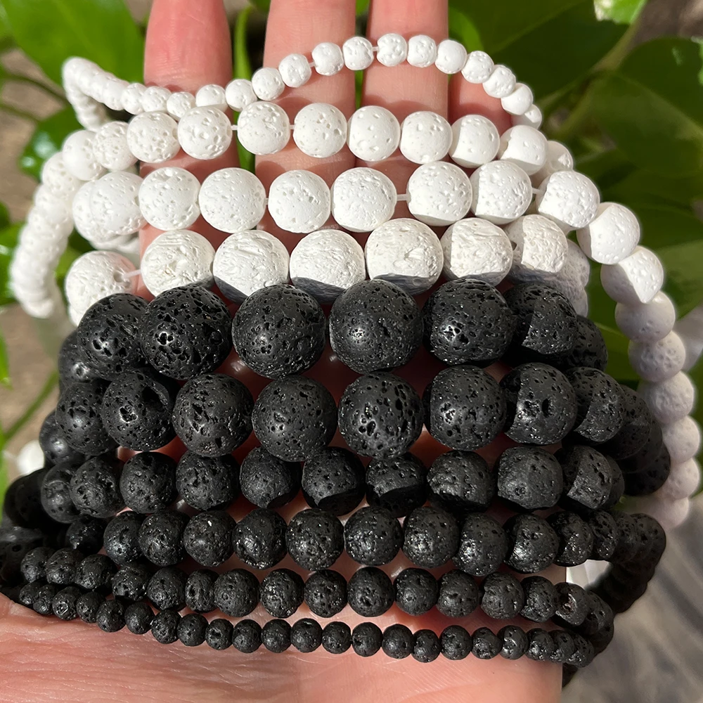 Natural Black White Lava Stone Beads Round Loose Beads Spacer Volcanic Rock For Jewelry Making DIY Bracelet Wholesale 4-14mm