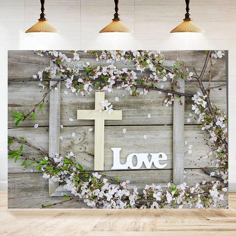 

Jesus Photography Backdrop Wooden Board Wood Cross Spring Cherry Blossoms Flowers Love Background Easter Church Decor Banner