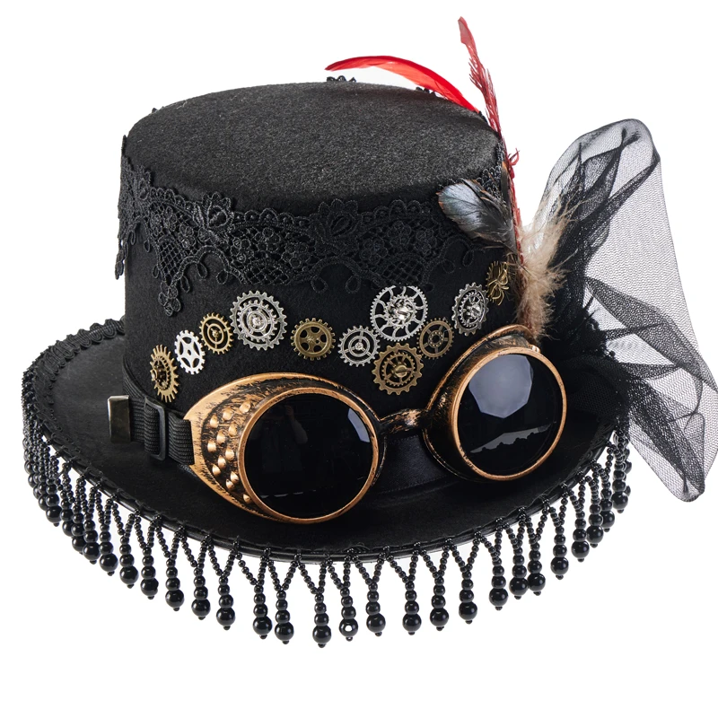 Vintage Top Hat Steam Punk Red Black Lace Hats Gothic Gears Feather Goggles Fedora Party Halloween Costumes Fandy Dress