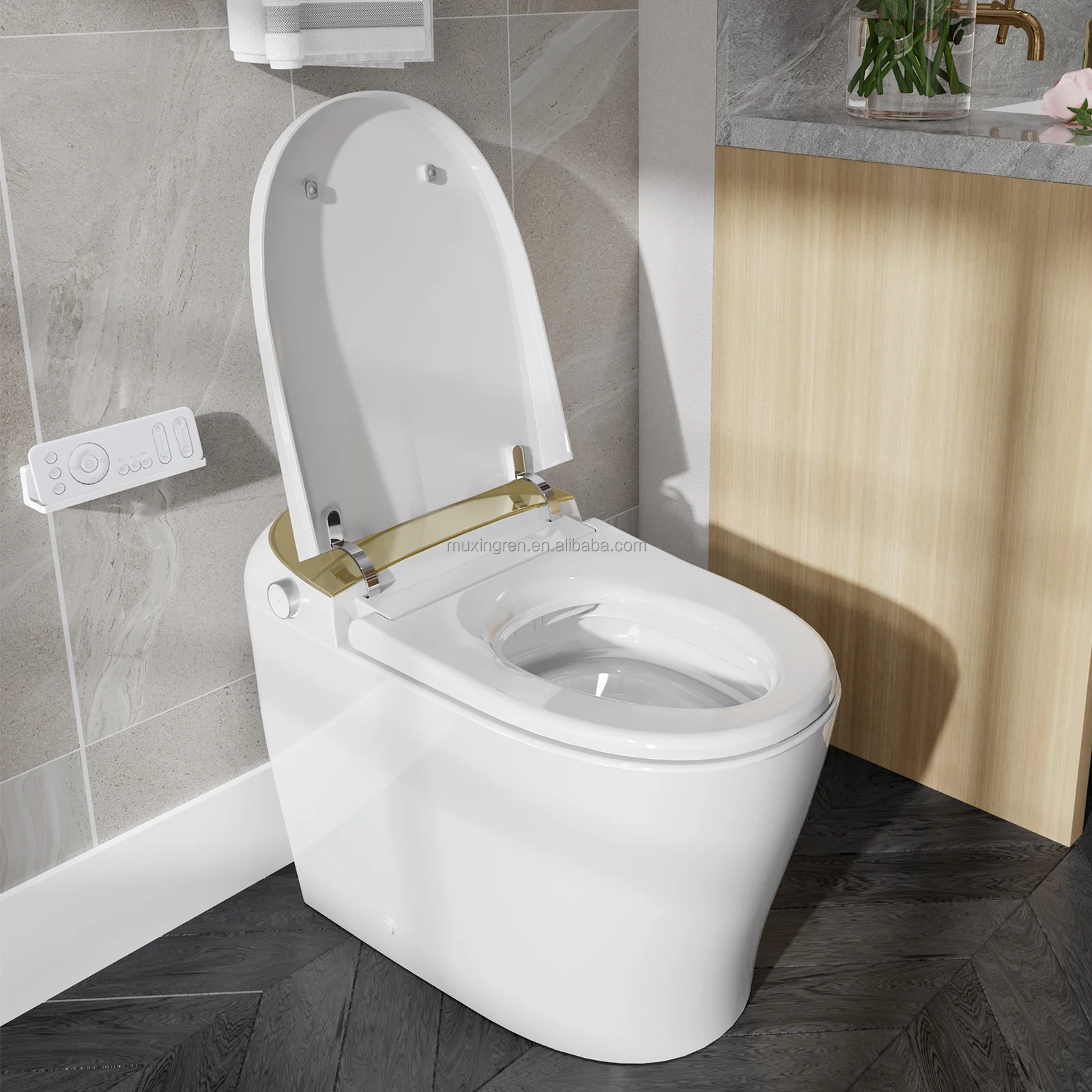 Smart Toilet with Luxury Gold Toilet Panel, Bidet Functions